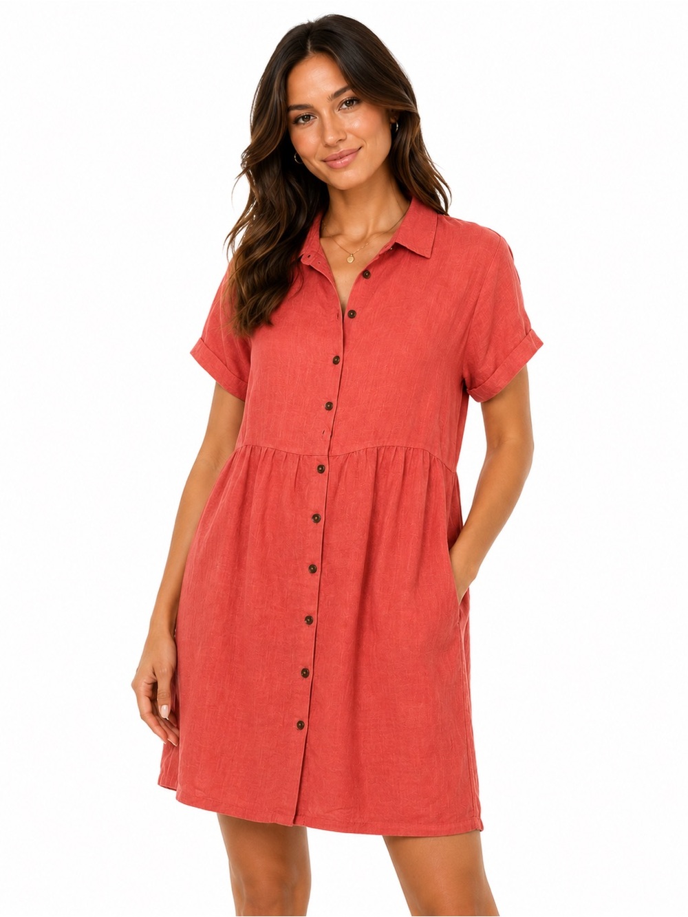 Kiko Peach Linen Blend Button Front Shirt Dress Short Sleeve M